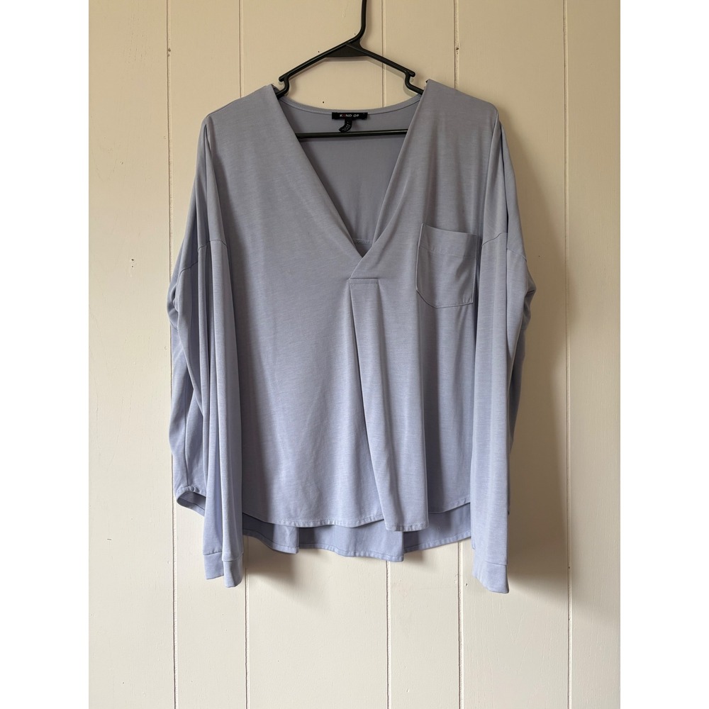 KIIND OF V-Neck Top Women Large Blue Good Long Sleeve Pocket Modal Blend
